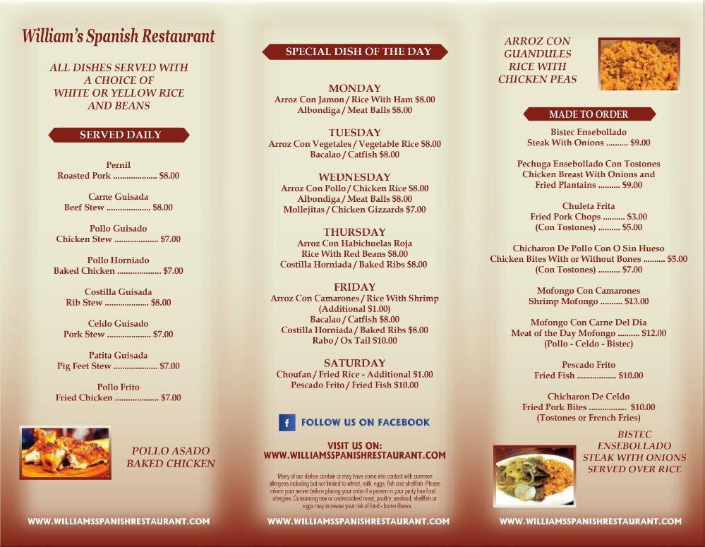 Menu at Williams Spanish Restaurant, Bethlehem, 838 Linden St