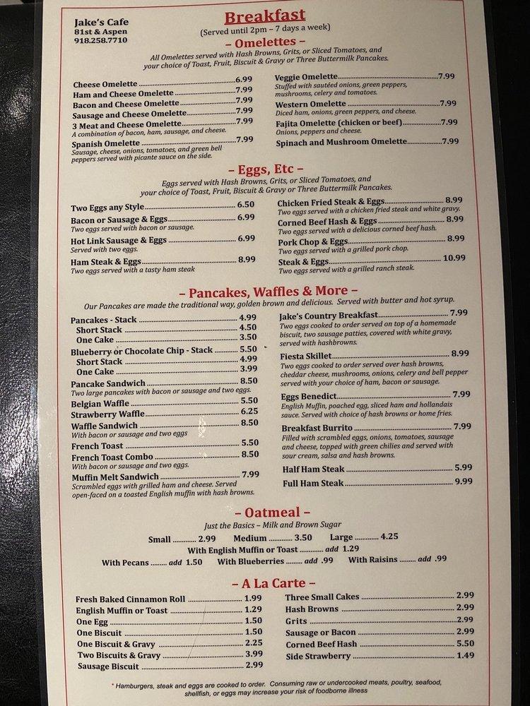 Menu at Jake's Cafe, Broken Arrow
