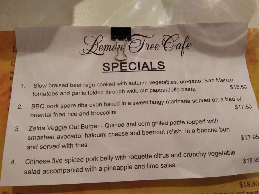 Menu at Lemon Tree Cafe, Shepparton