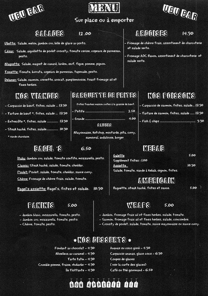 Menu at Ubu Bar, Céreste