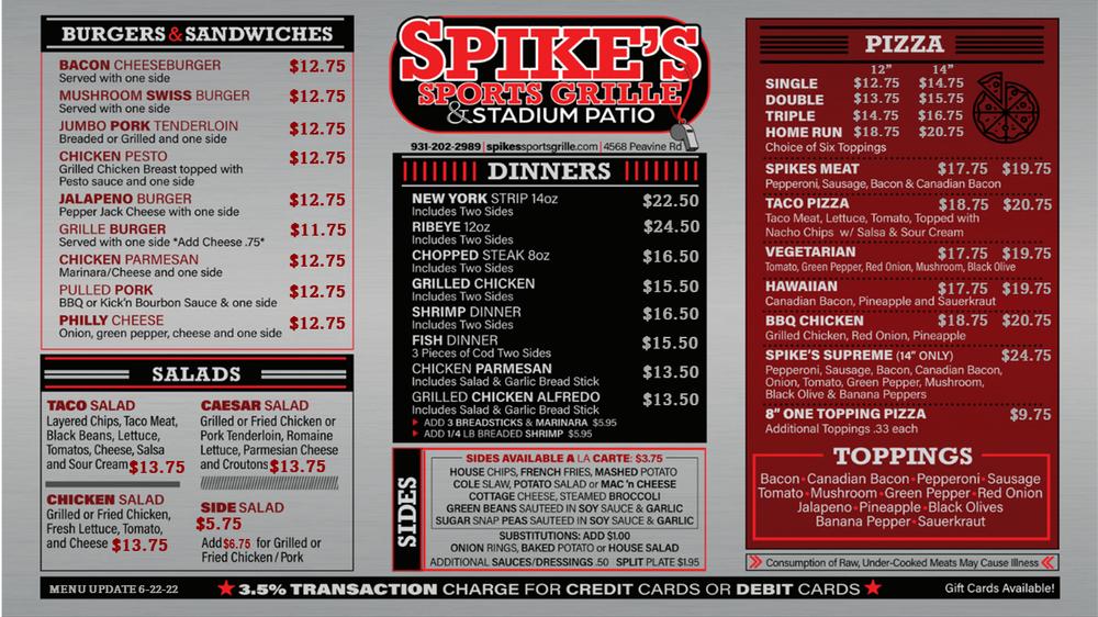 Menu at Spike's Sports Grille pub & bar, Crossville