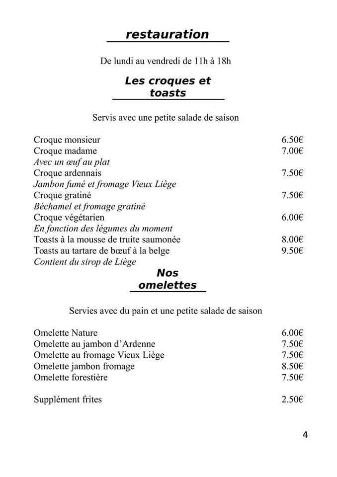 Menu at Côté cour Côté jardin, Liège, Bd de la Constitution 48