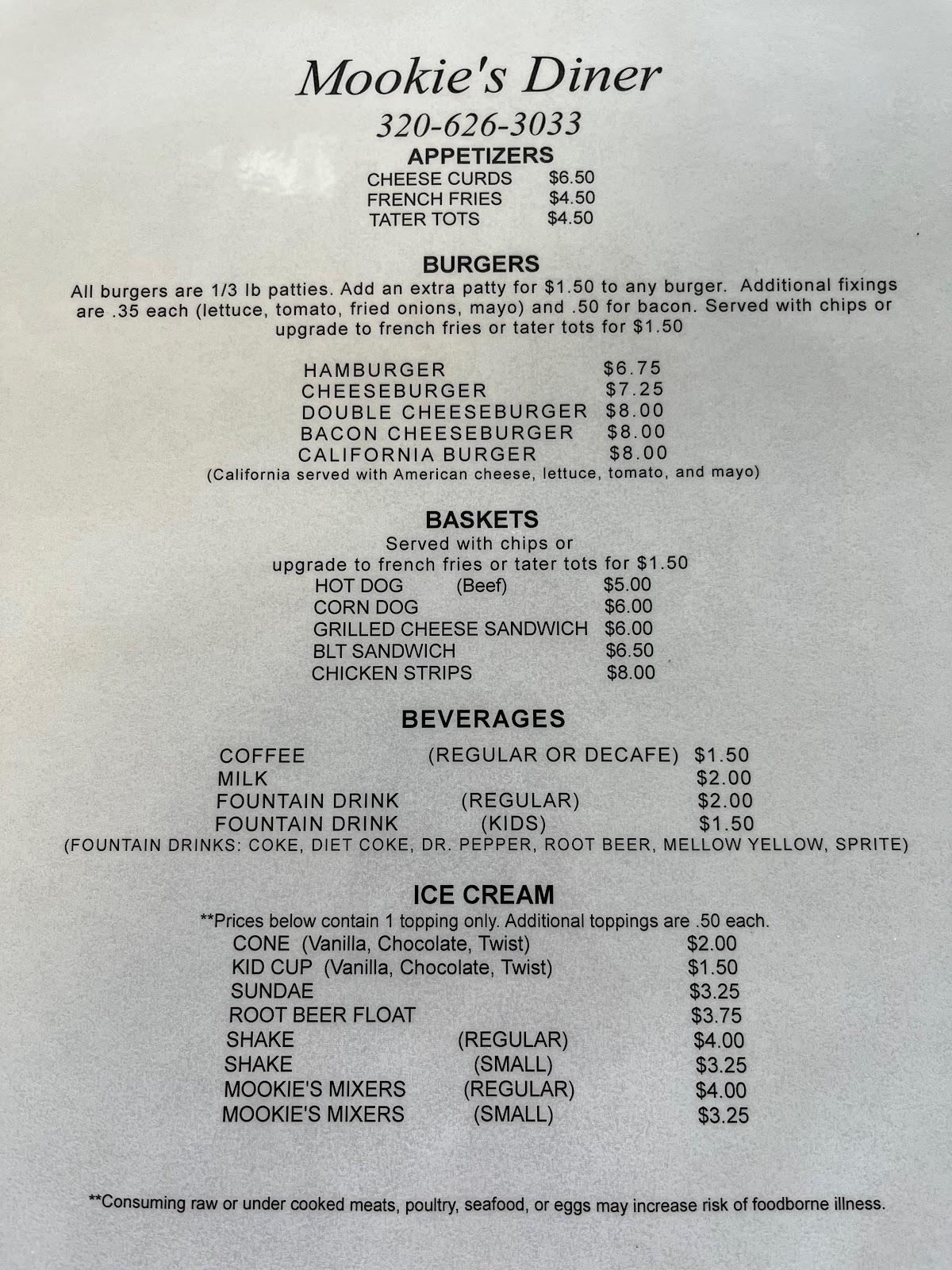 Menu at Mookie's Diner, Dassel