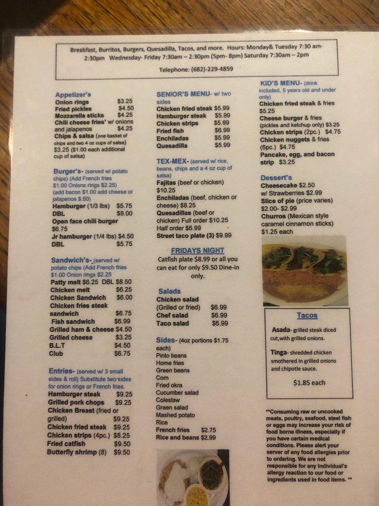 Menu at Peaster Diner restaurant, Weatherford