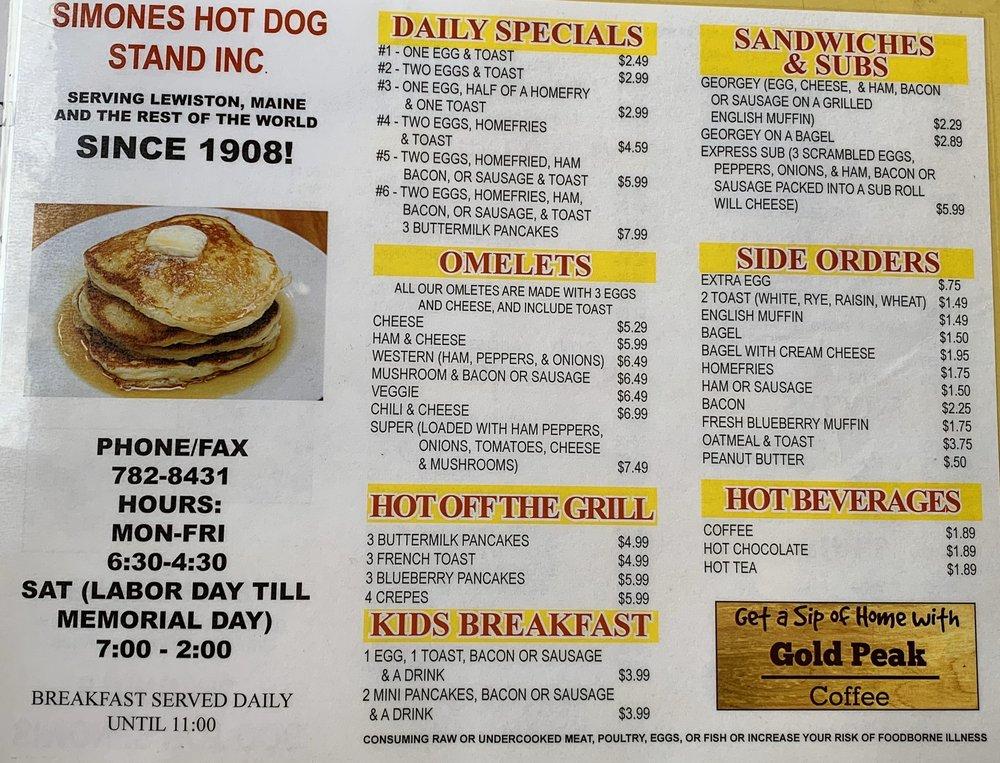 Menu at Simones' Hot Dog Stand restaurant, Lewiston