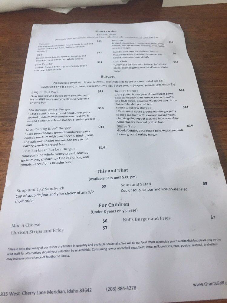 Menu at Grant's Neighborhood Grill restaurant, Meridian