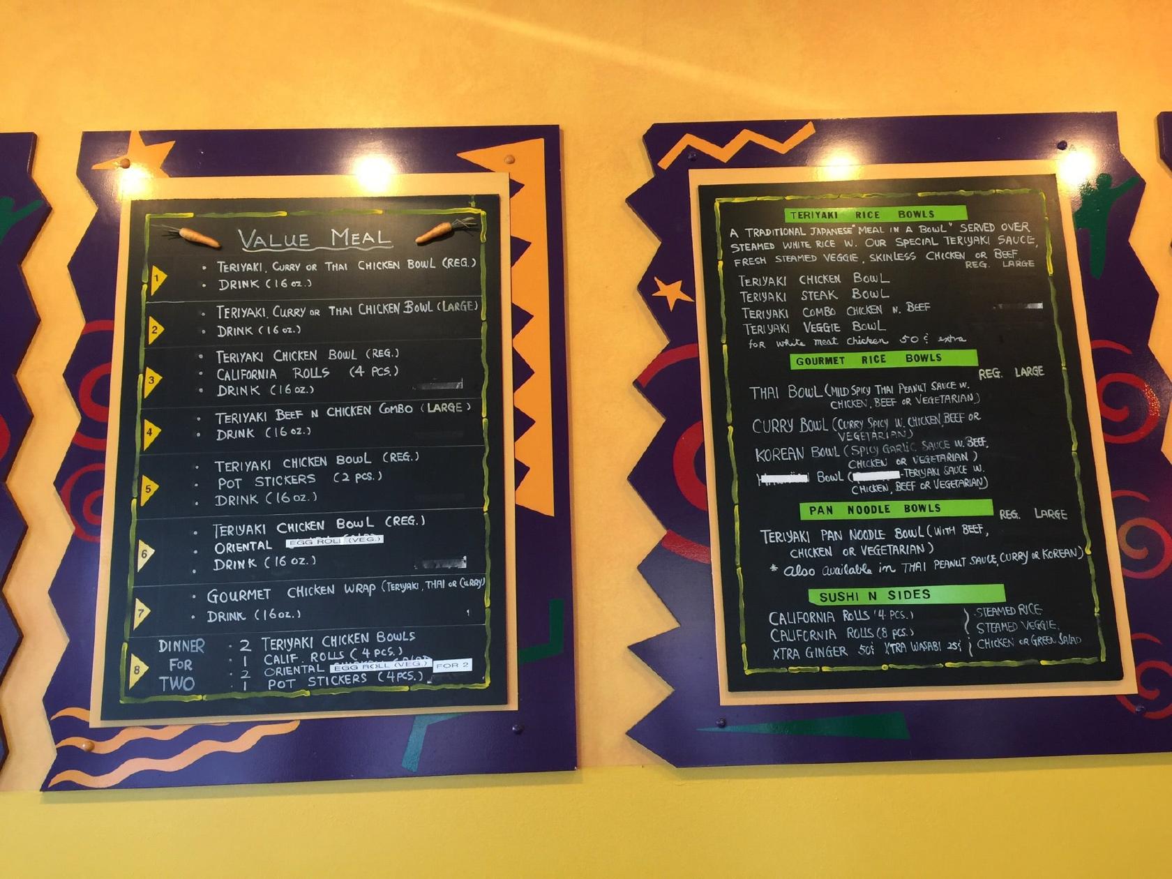 Menu at Wasabi restaurant, San Jose