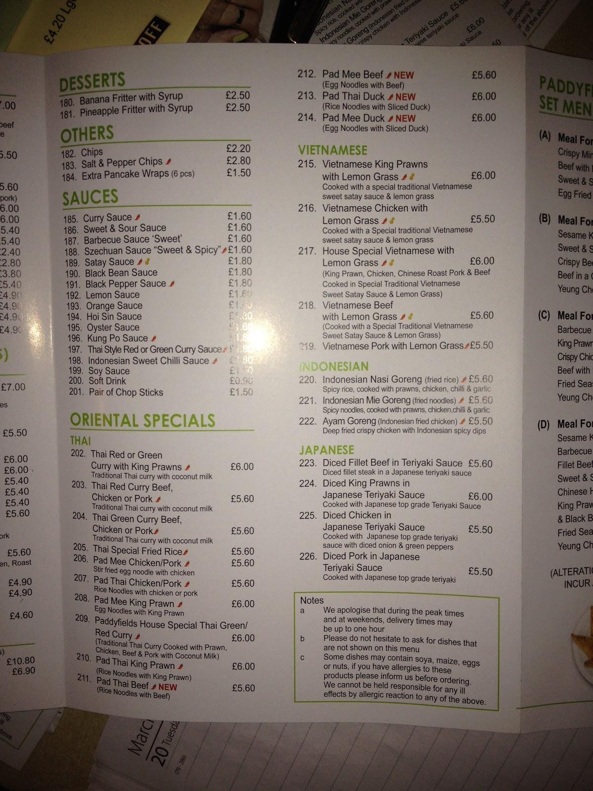 Menu at Paddyfields restaurant, Ollerton and Boughton