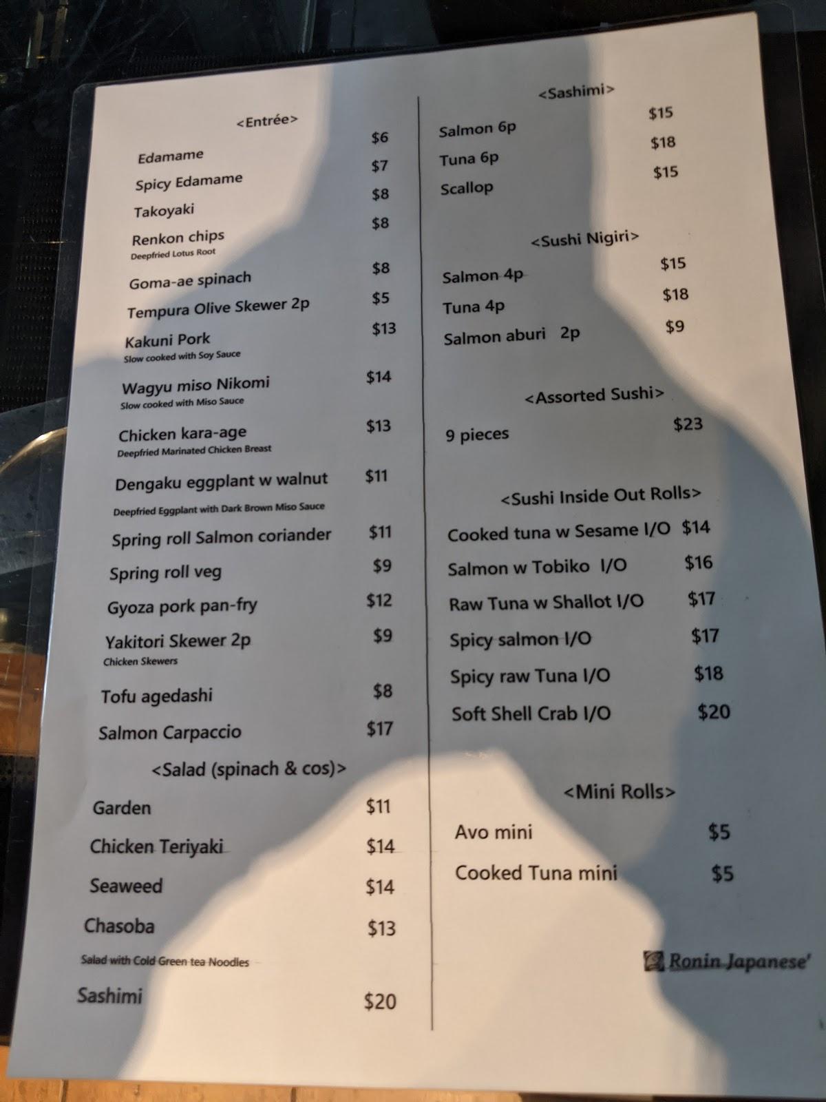 Menu at Ronin Croydon restaurant, Croydon