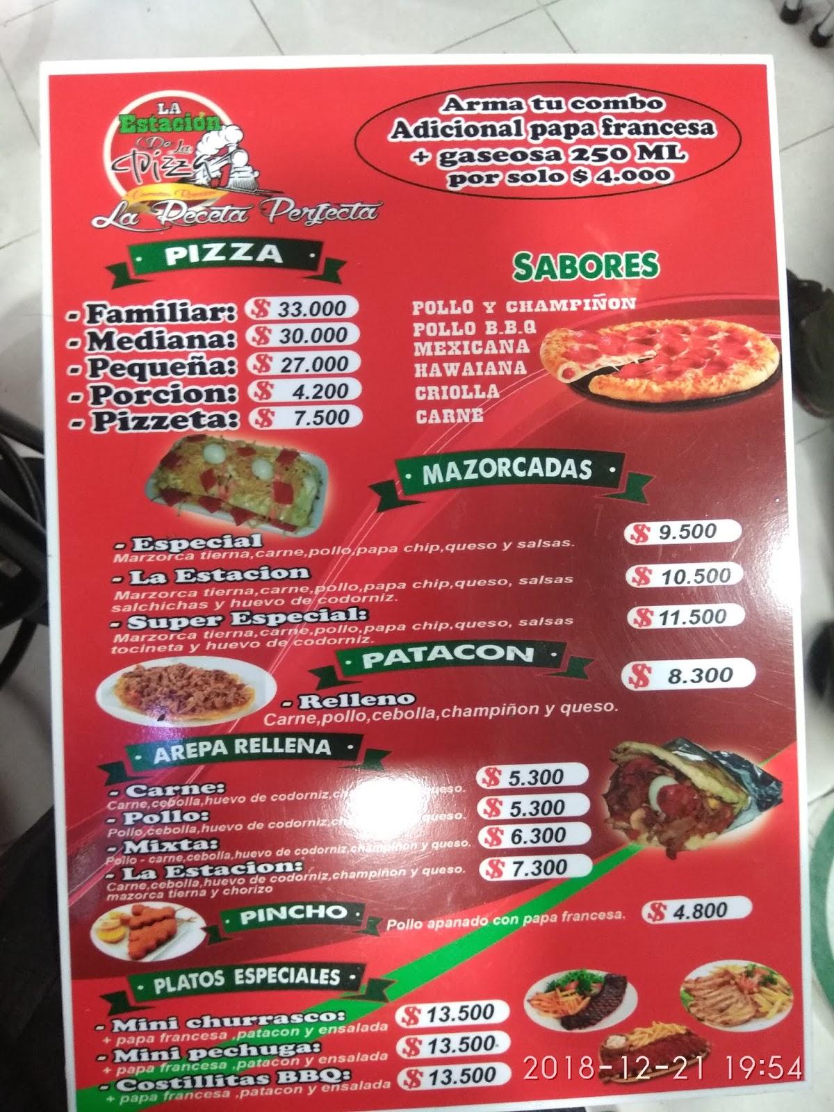 Menu at la estacion de la pizza restaurant, Bogotá