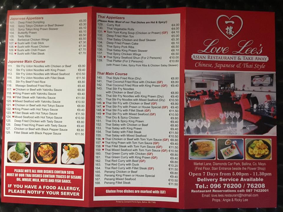 Menu at Love Lee's Asian Restaurant & Takeaway, Ballina