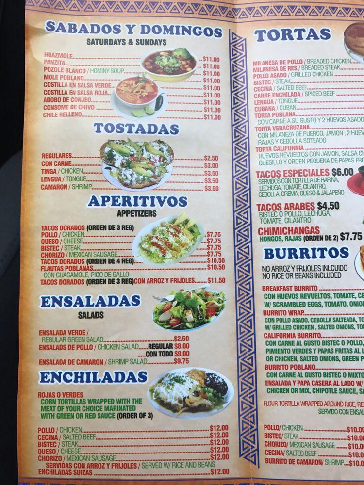 Menu at Tacos Puebla restaurant, Yonkers, Grand Concourse