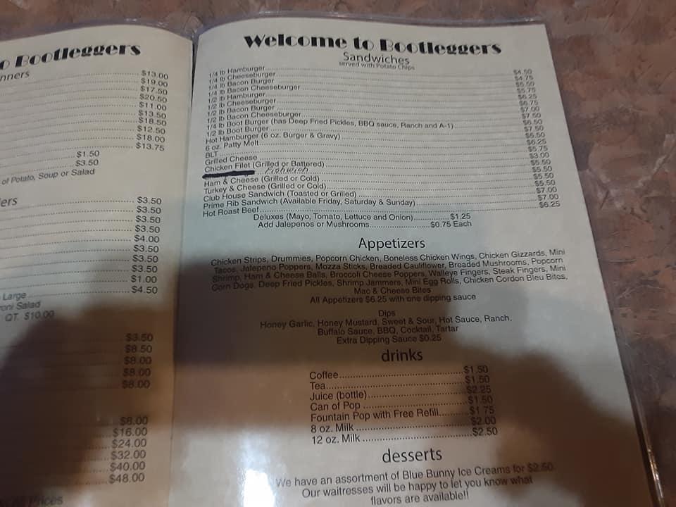 Menu at Bootleggers pub & bar, Noonan