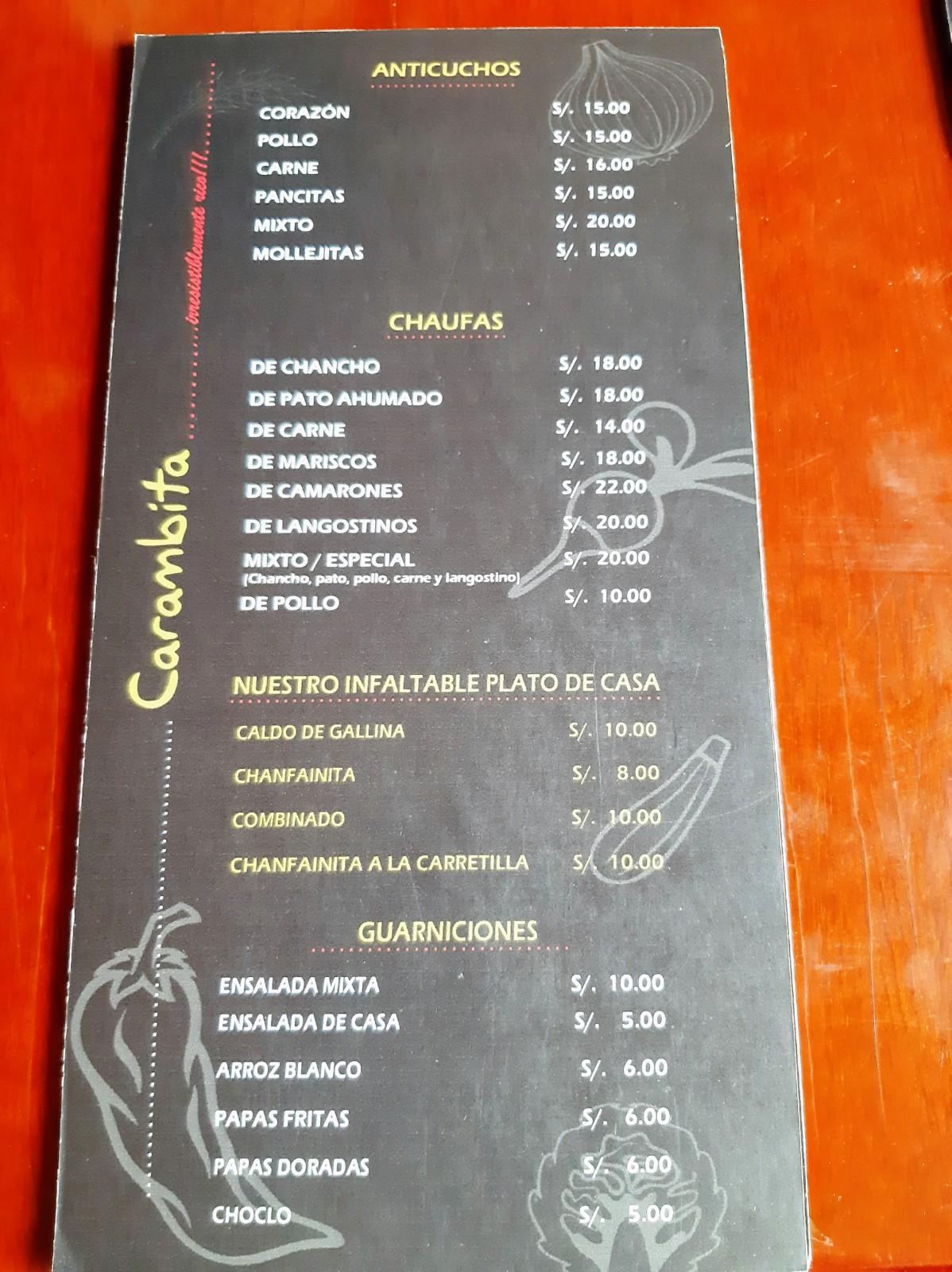 Carta del restaurante Carambita, Tacna, Av. San Martin con