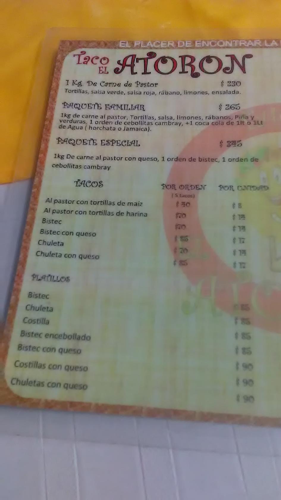 Carta del restaurante El atoron, Cancún