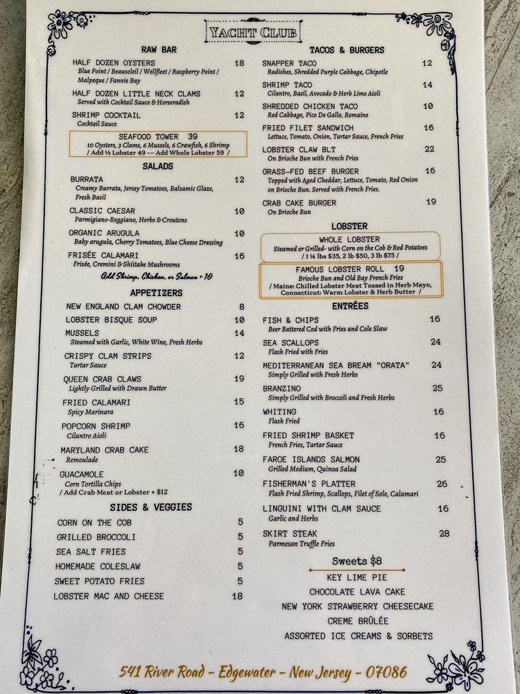 yacht club edgewater menu