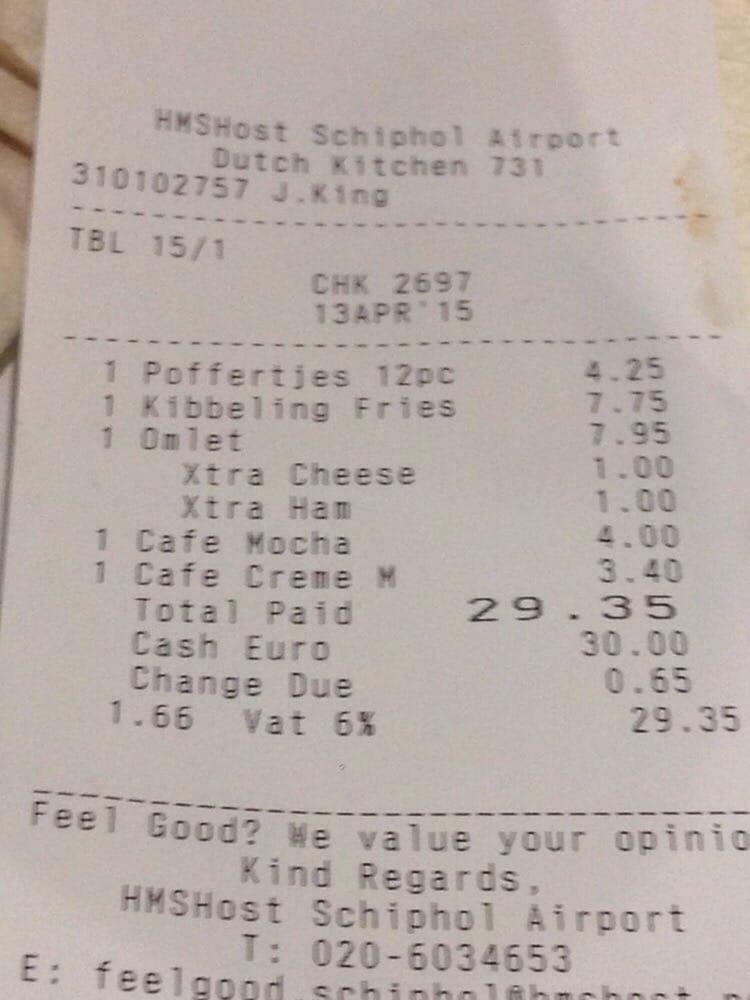 Menu at Dutch Kitchen, Schiphol