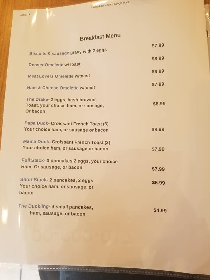 Menu at Hungry Duck restaurant, Blackduck