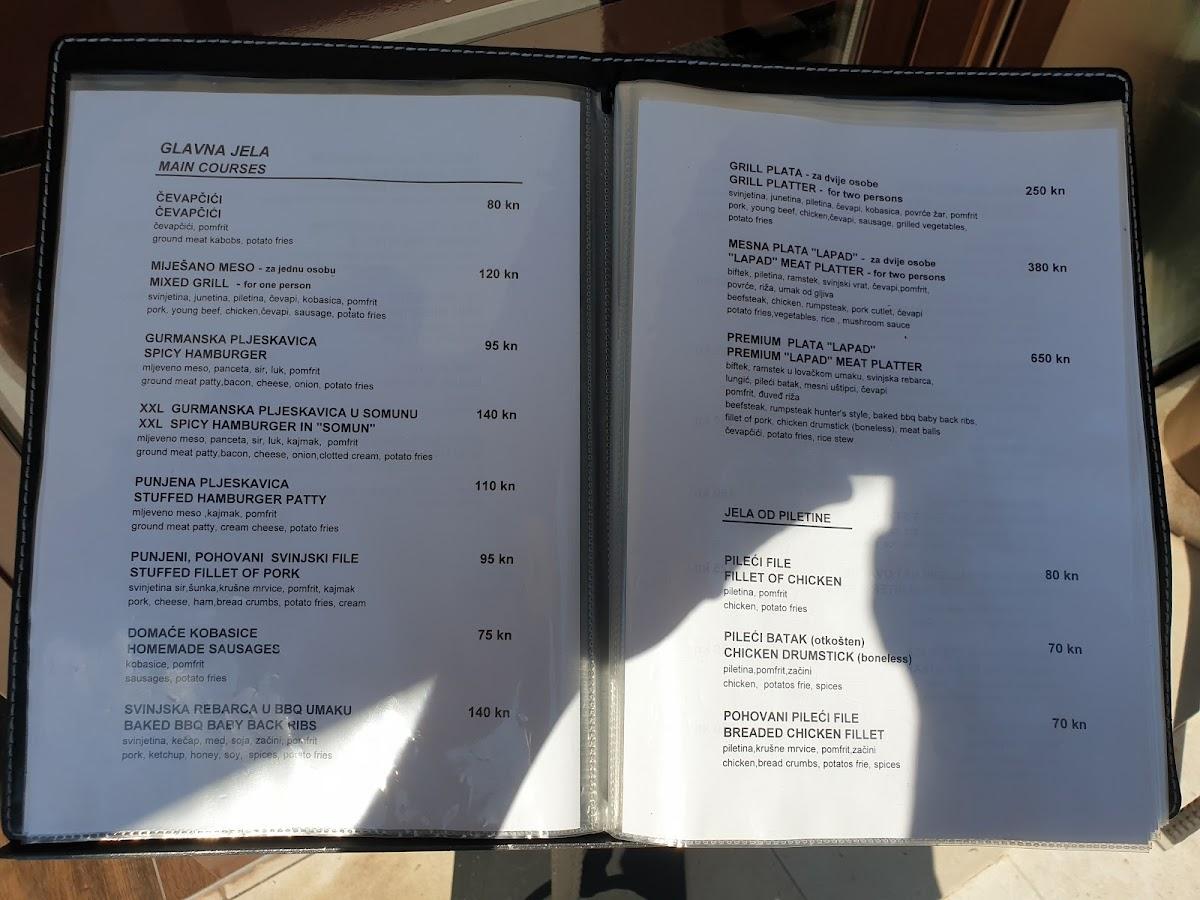 Menu at Lapad Restaurant, Dubrovnik