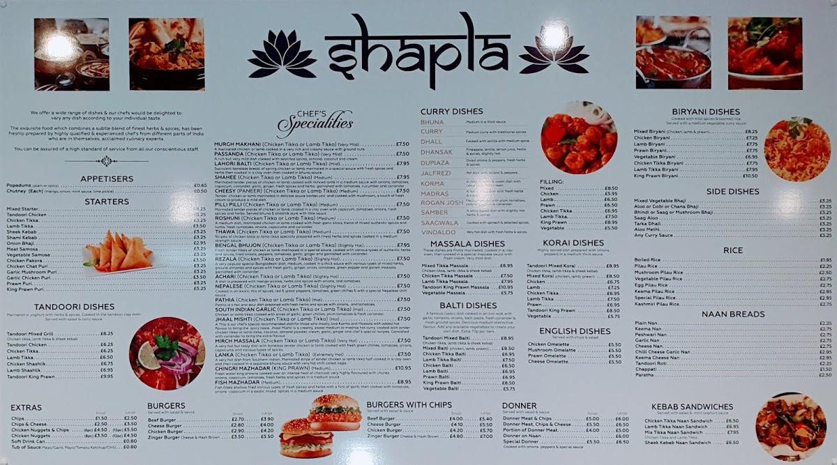 Menu at Shapla TakeEatAway restaurant, Nantwich