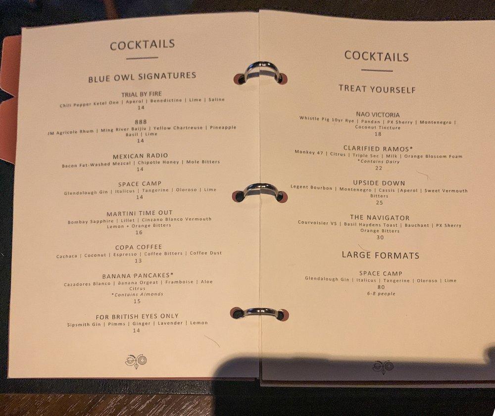 Menu at Blue Owl Rooftop Bar, Cambridge