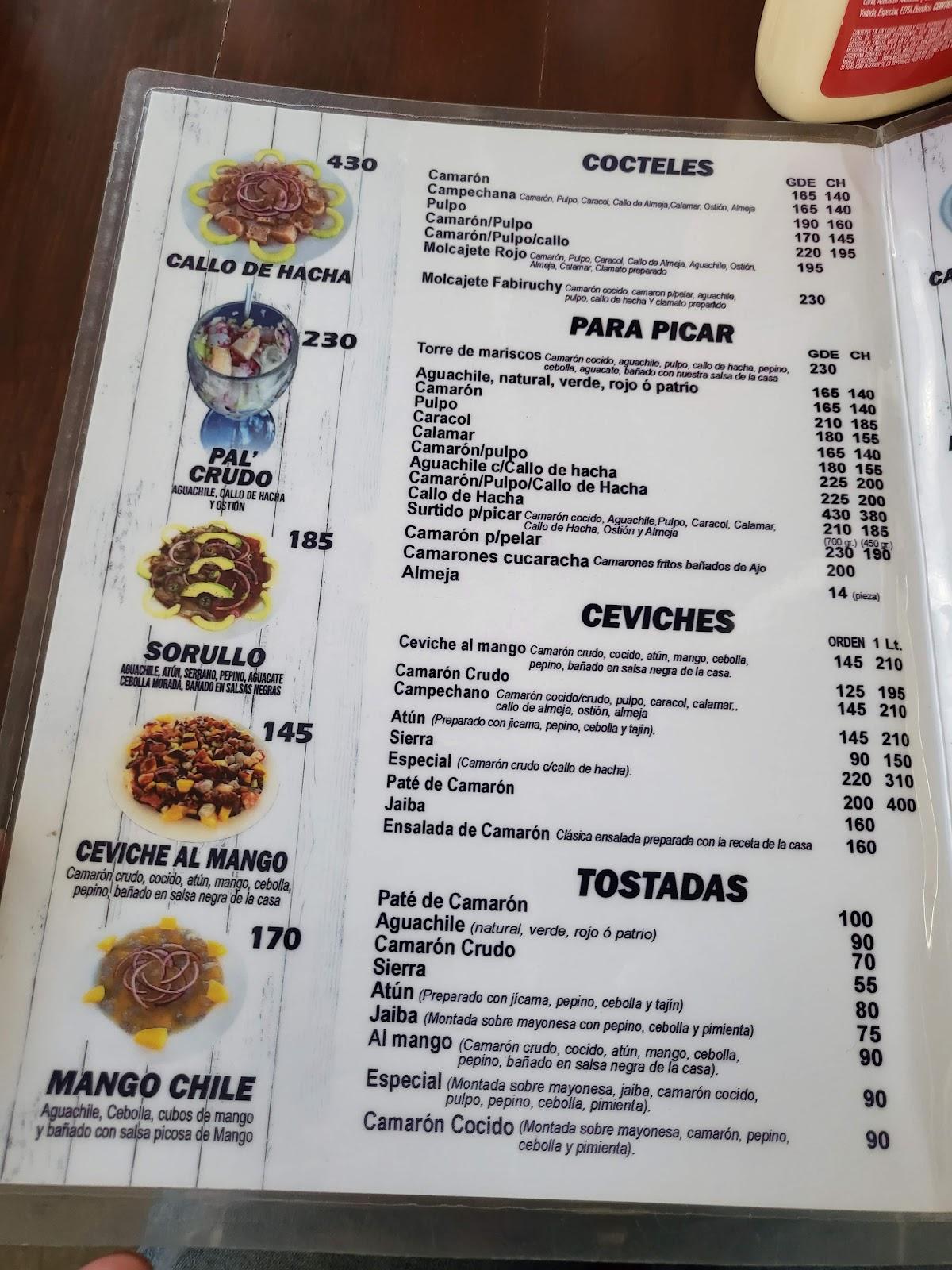 Menu at Mariscos Fabián restaurant, Mazatlán, Av. Bicentenario Juárez 1248
