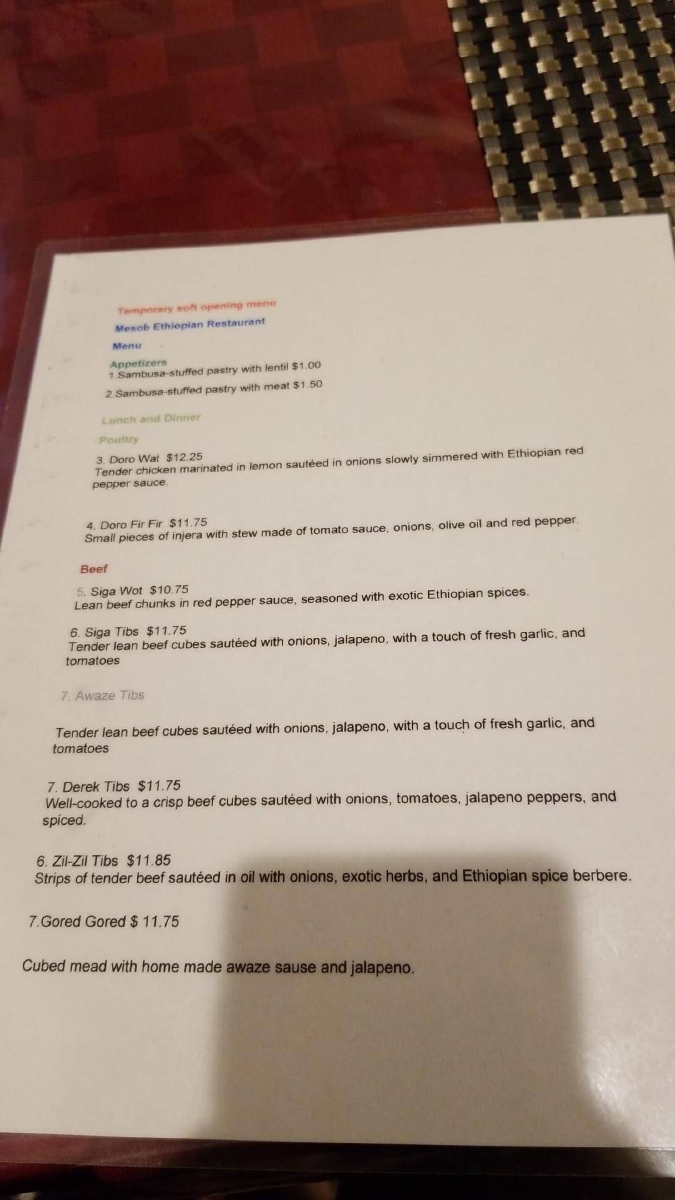 Carta de Mesob Ethiopian Restaurant, Minneapolis