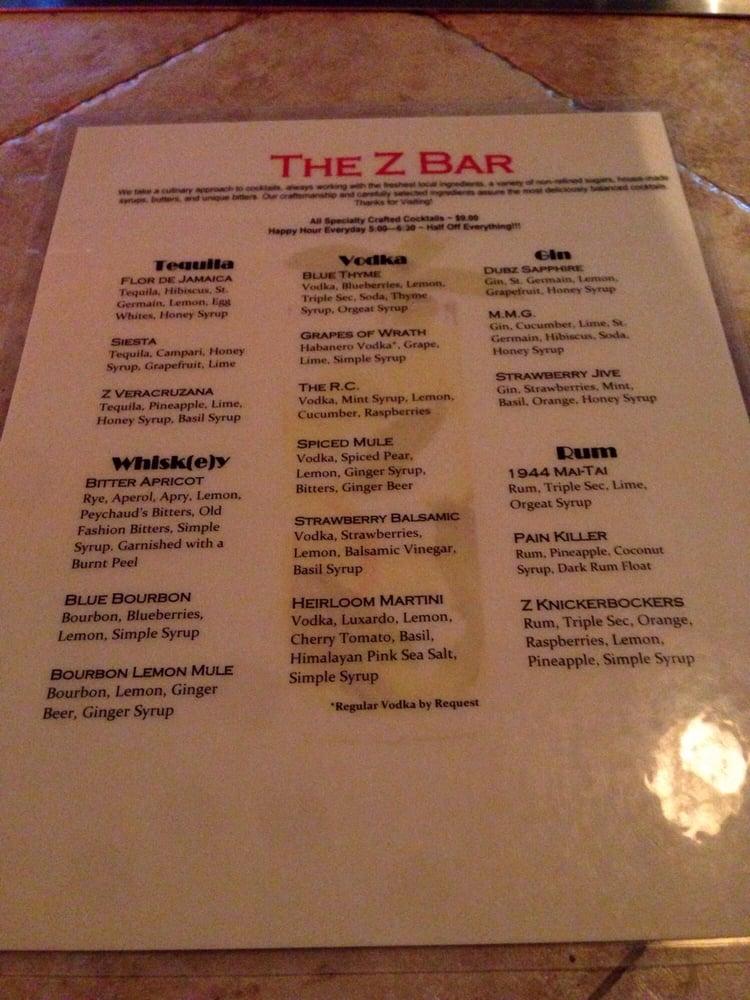 Carta de The Z Bar, Reno
