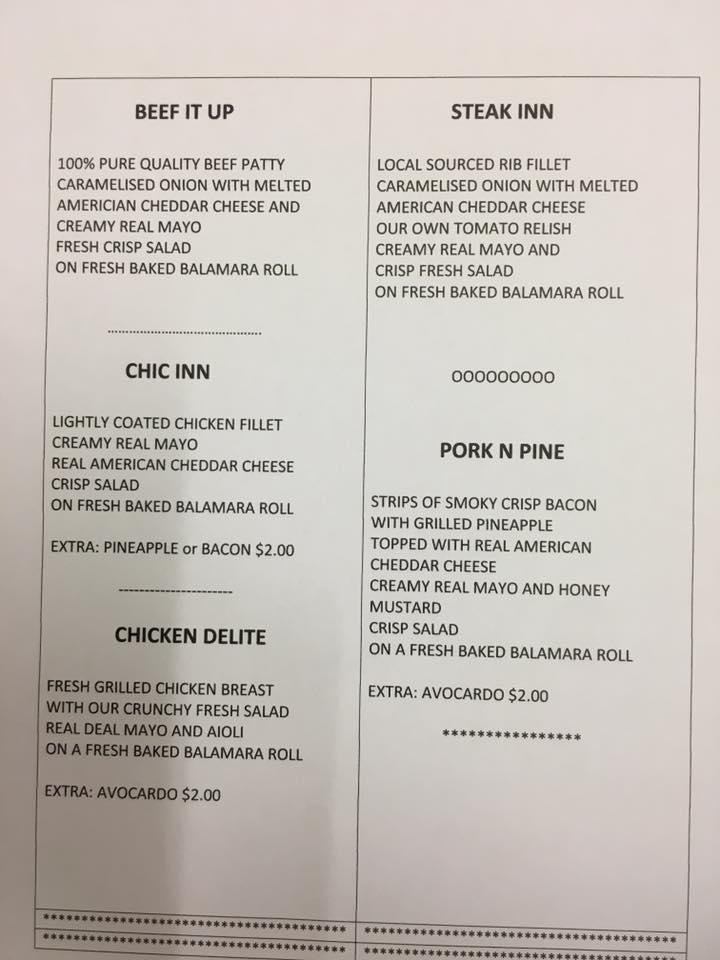 Menu at Balamara Bakery, Winton