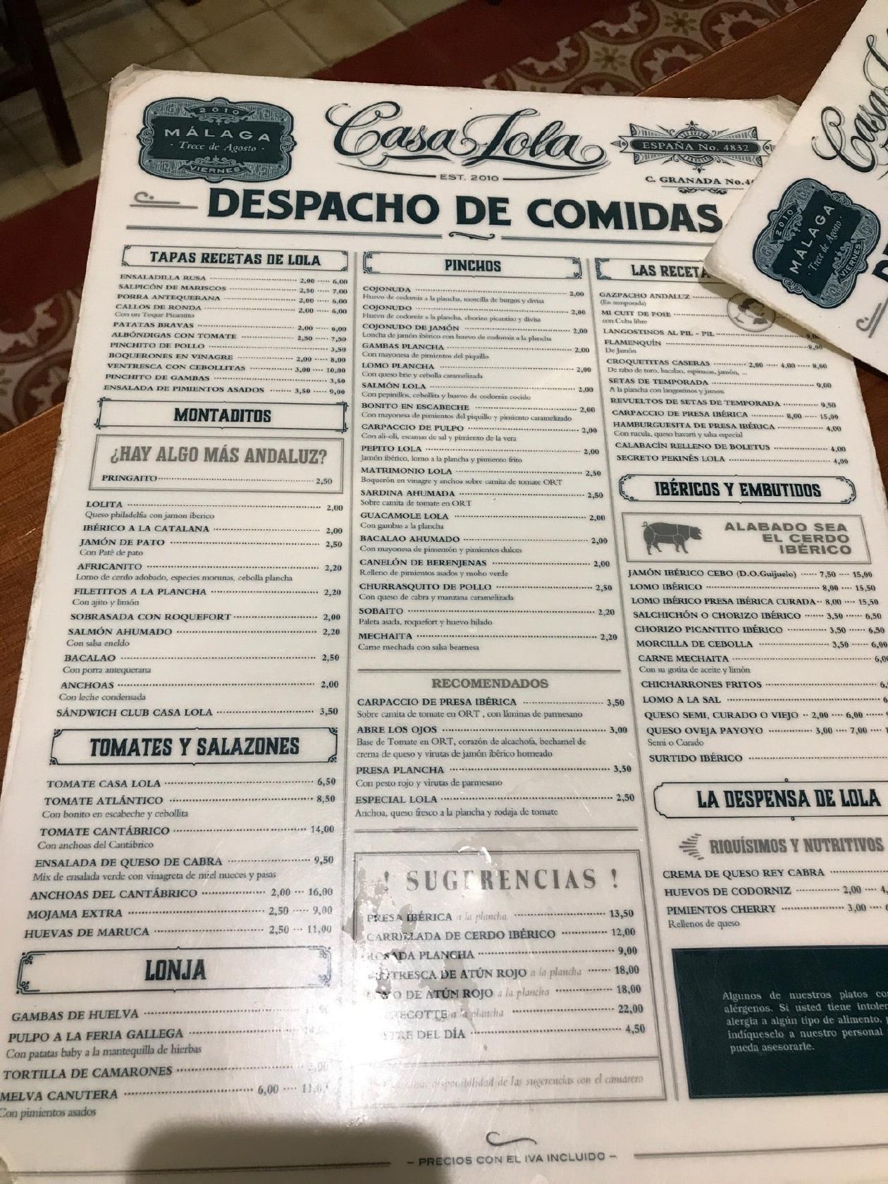Menu at Casa Lola pub & bar, Málaga, C. Granada