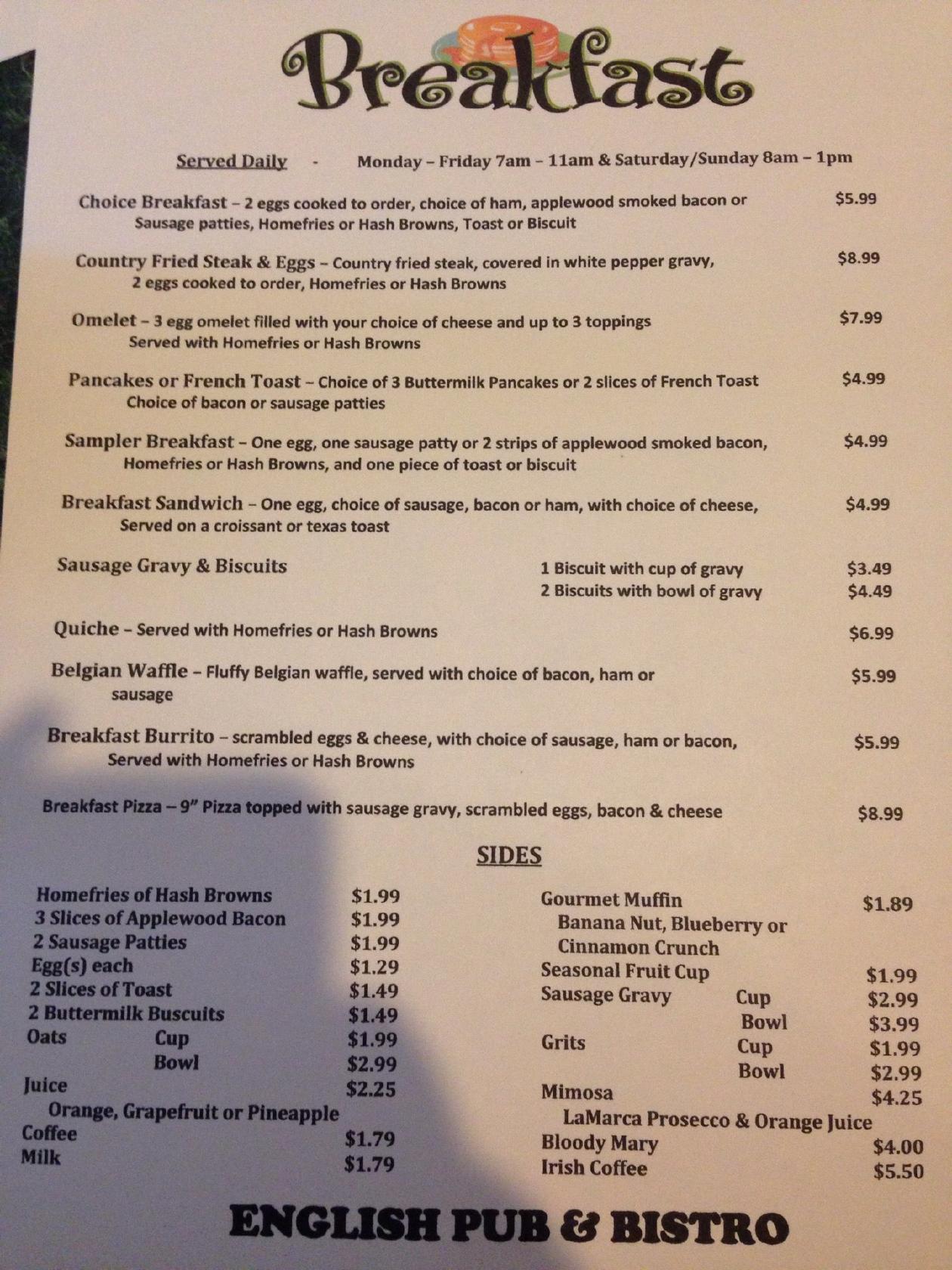 Menu at English Pub & Bistro, Ravenna