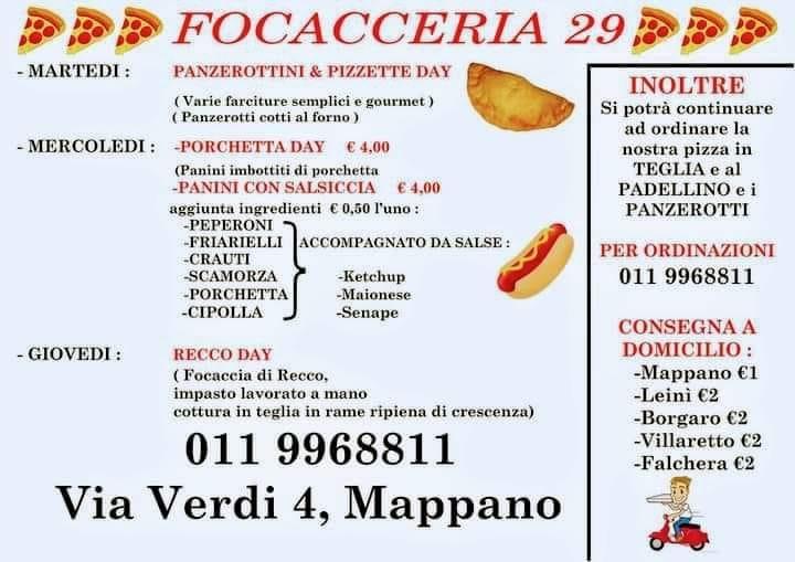 Menu da Focacceria 29.. pizzeria, Mappano