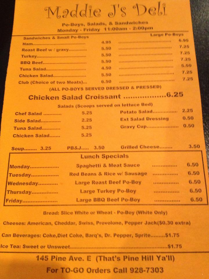 Menu at Maddie J's Deli, Wiggins