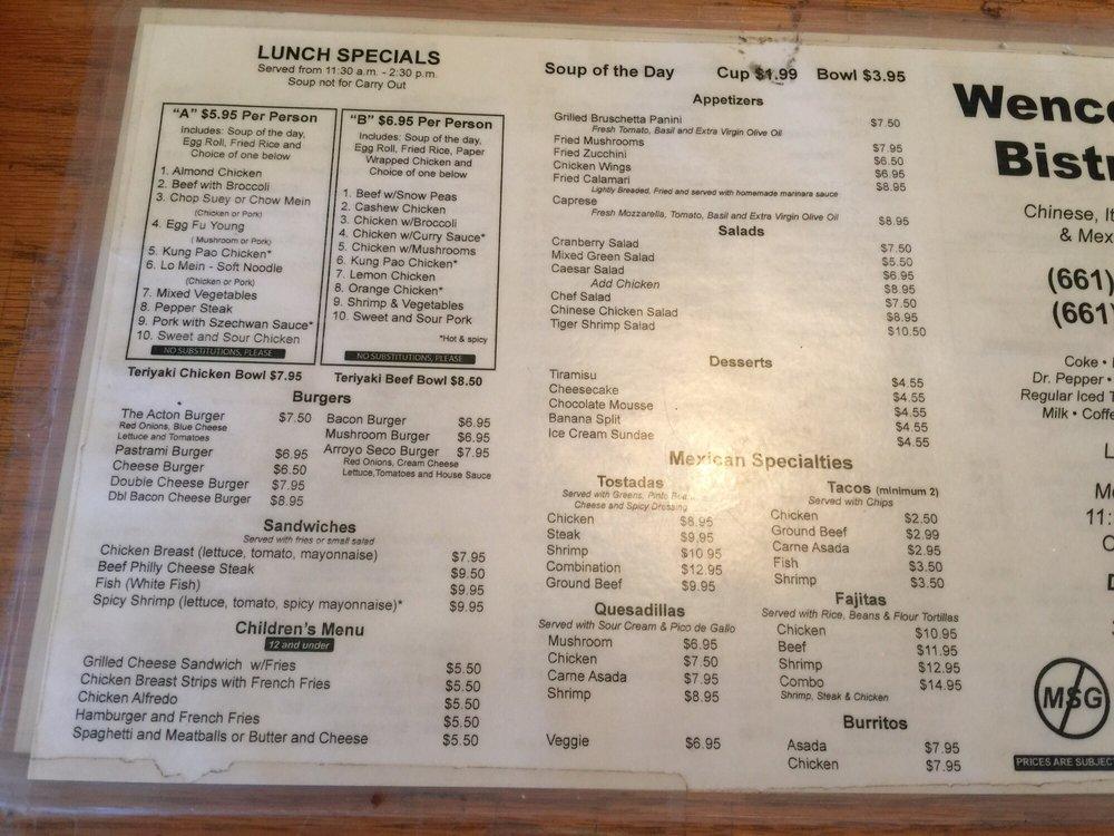 Menu at Wences Bistro restaurant, Acton