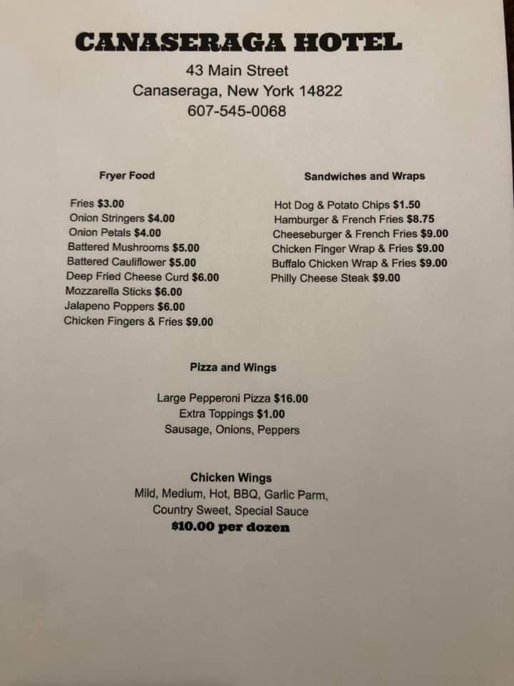 Menu at Canaseraga Hotel pub & bar, Canaseraga