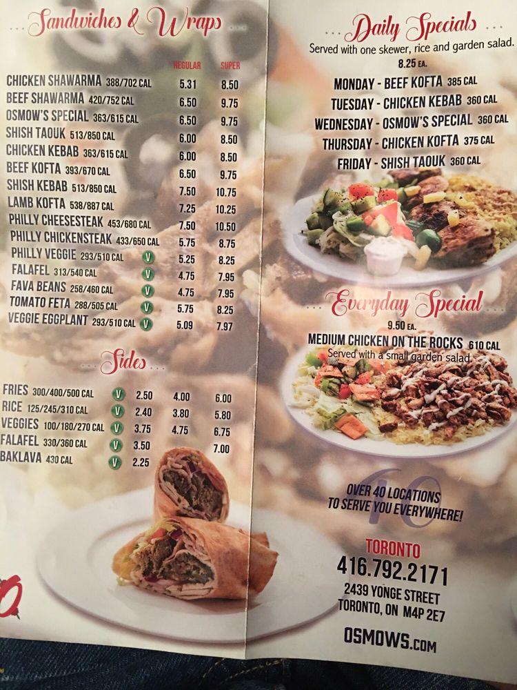 Menu At Osmow's Shawarma Restaurant, Toronto, 2439 Yonge St