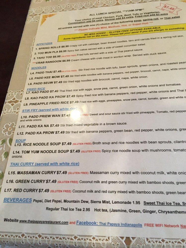 Menu at Thai Papaya Restaurant, Indianapolis, W 96th St Suite 1000