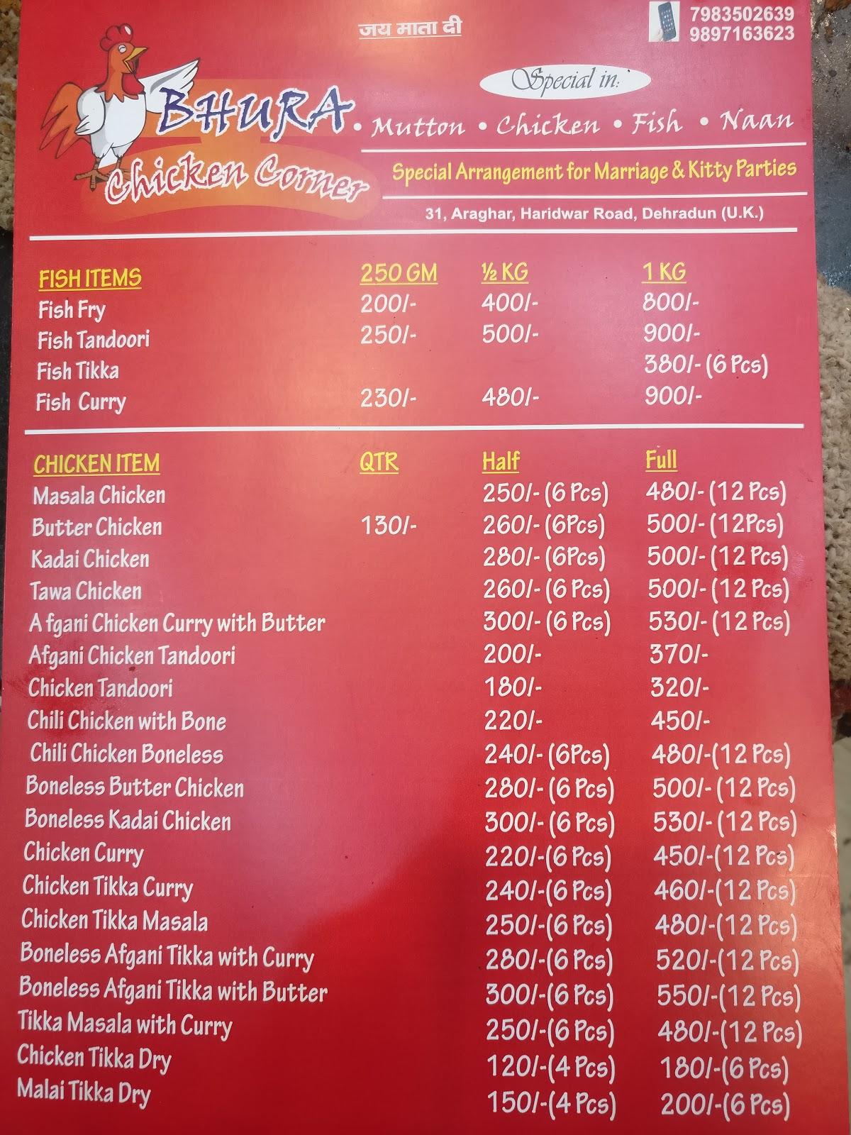 Menu at Bhura Chicken Corner, Dehradun
