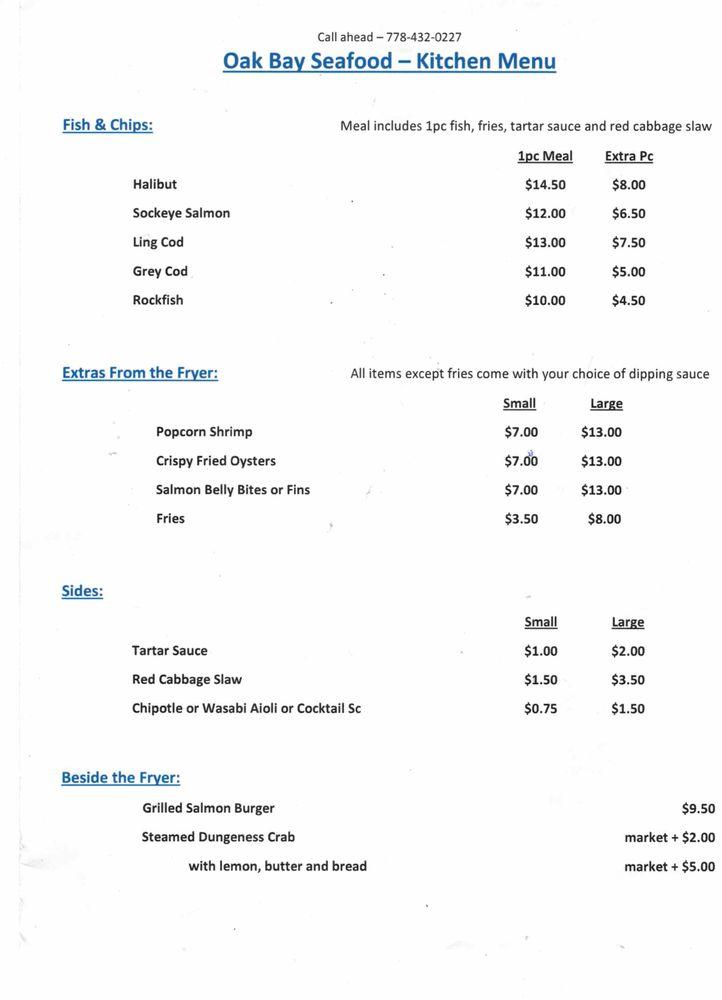 Menu at Oak Bay Seafood restaurant, Victoria