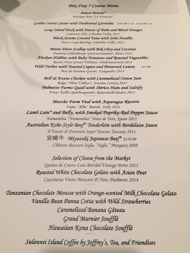 Menu at Victoria & Albert's restaurant, Orlando