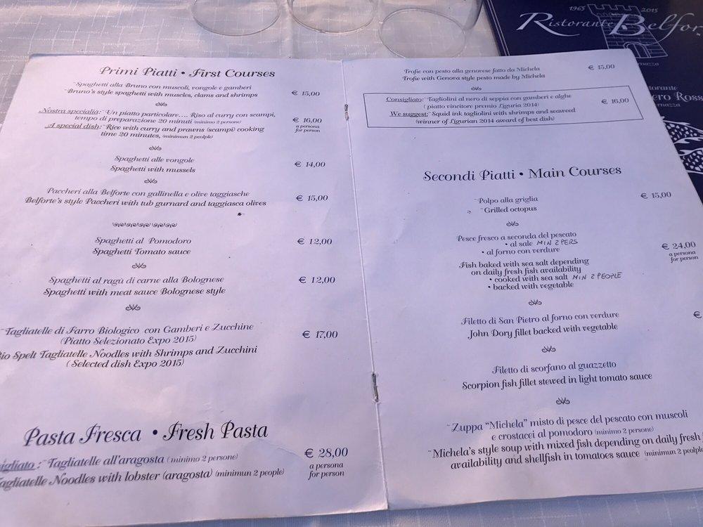 Menu at Belforte restaurant, Vernazza