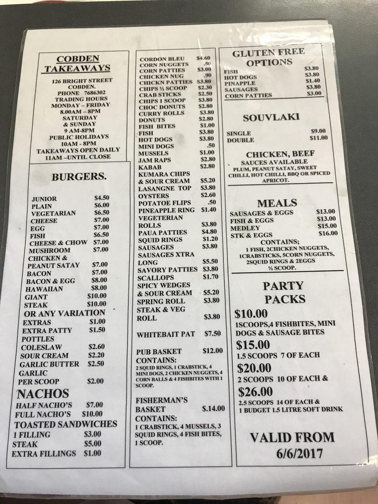 Menu at Cobden Takeaways fast food, Greymouth