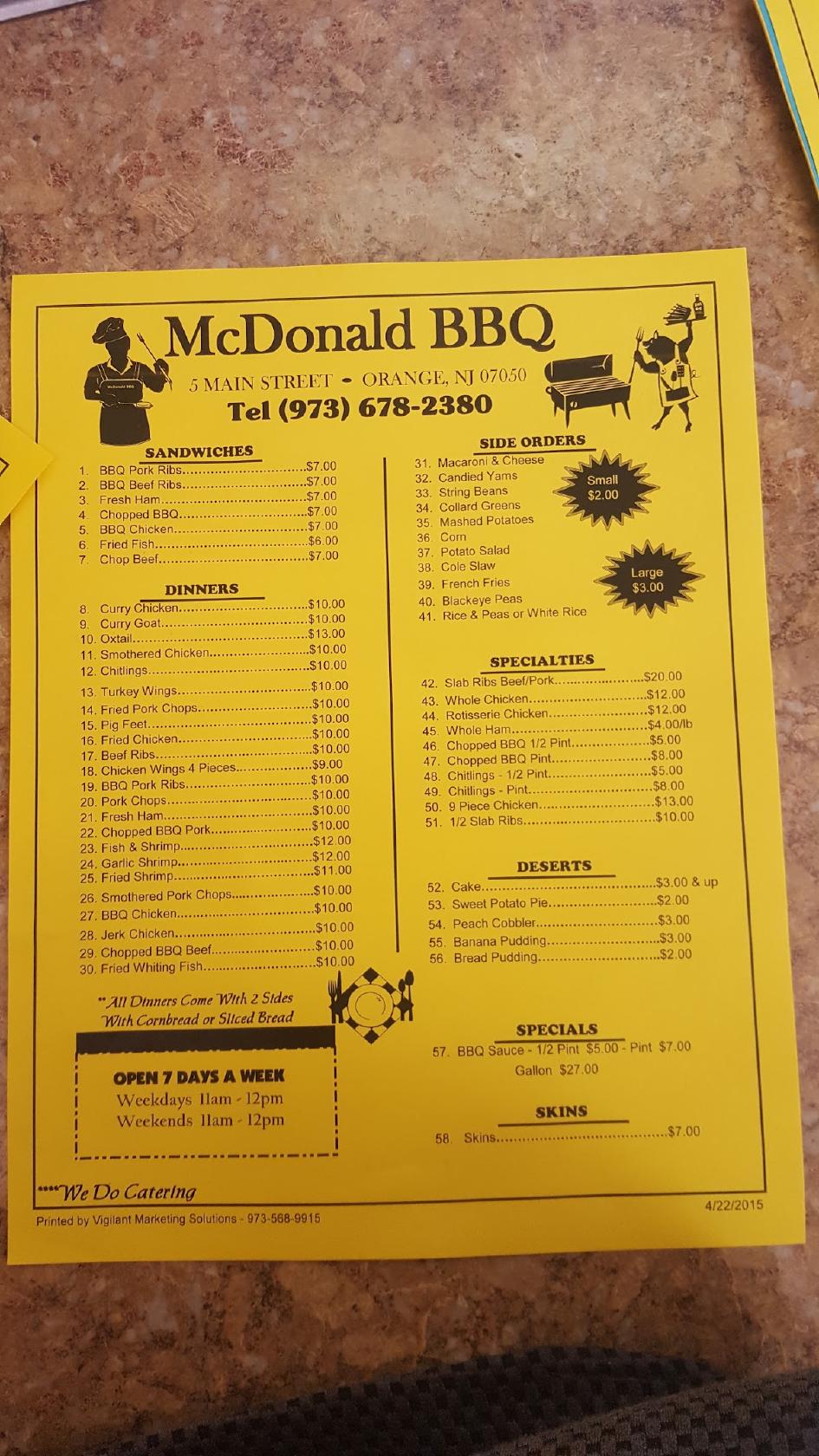 Menu At Mcdonald Bbq East Orange