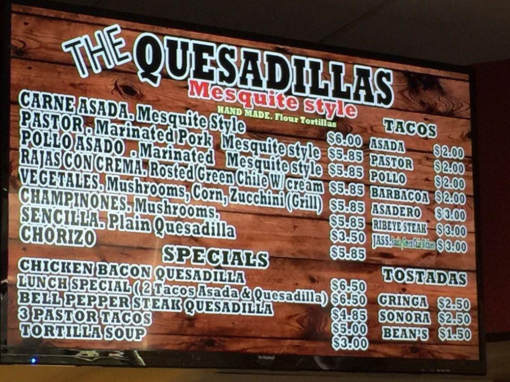 Menu at The Quesadillas restaurant, Tucson