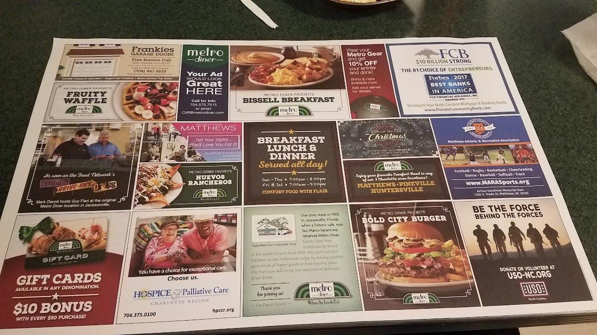 Menu at Metro Diner restaurant, Huntersville, Reese Blvd