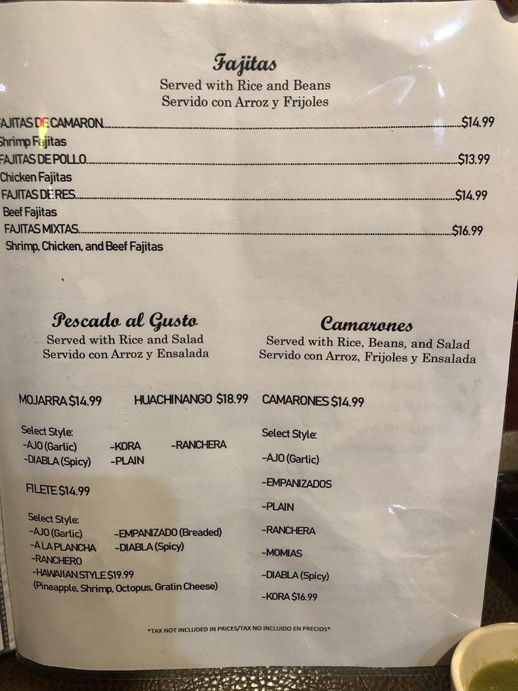 Menu at El Bukanas Mariscos restaurant, Sacramento