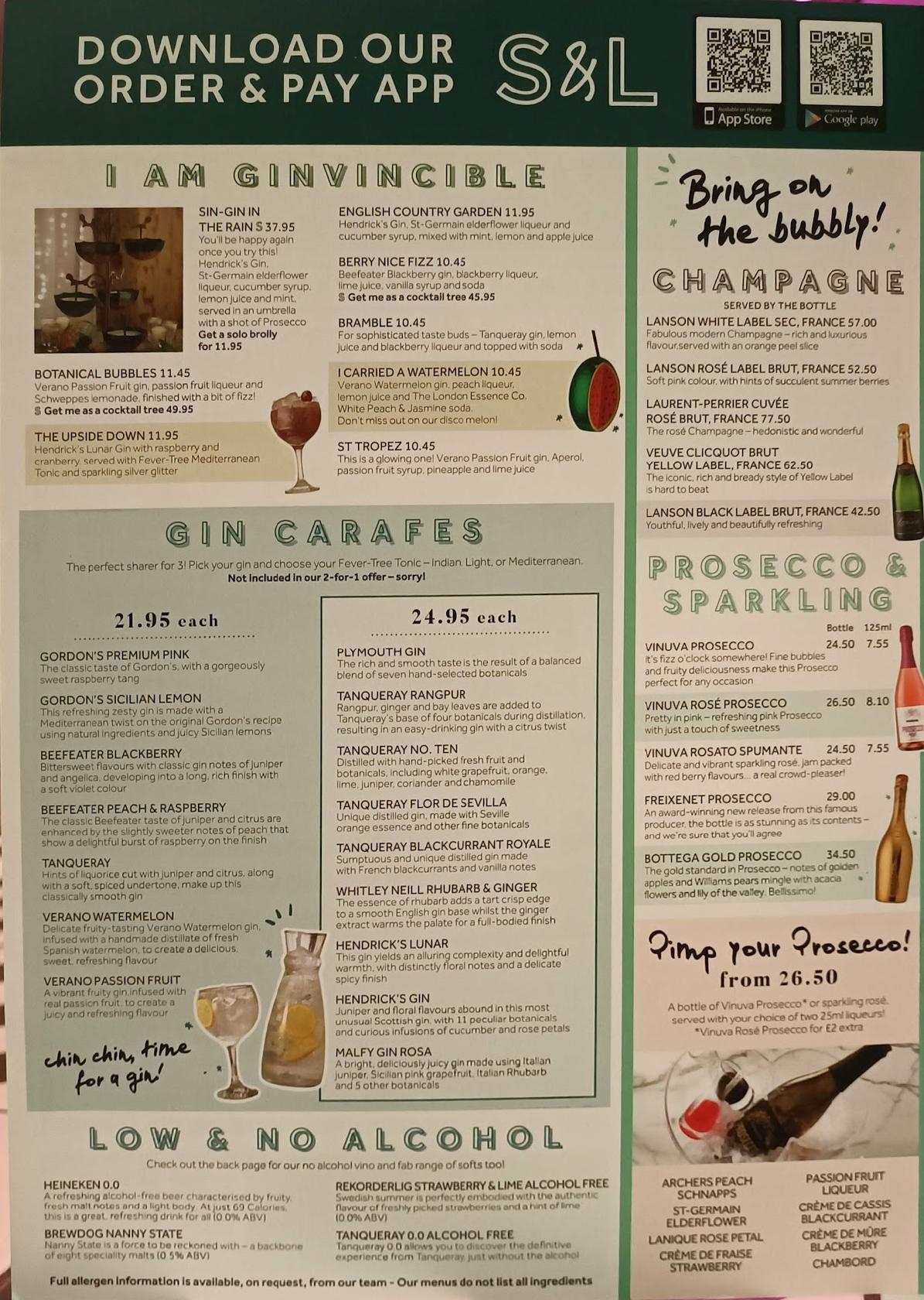 Menu at Slug & Lettuce Aldgate pub & bar, London, Saint Clare House