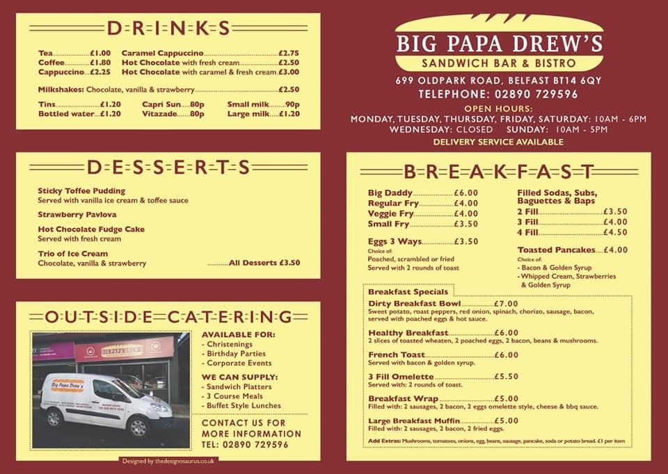Menu at Big Papa Drews cafe, Belfast
