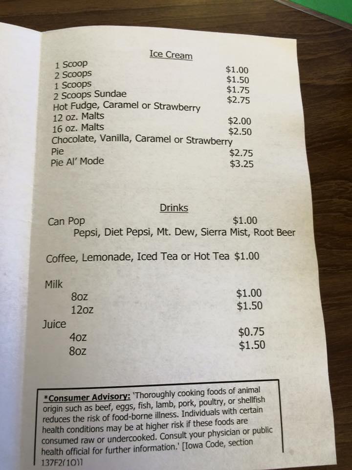Menu at Cafe at Tama Livestock Auction Co., Tama