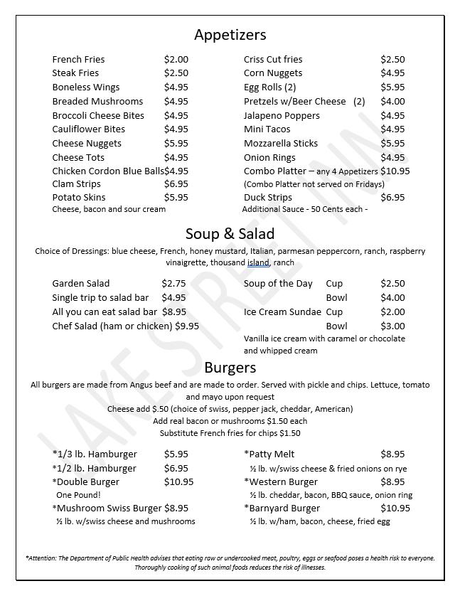 Menu at Lake Street Inn pub & bar, Hustisford